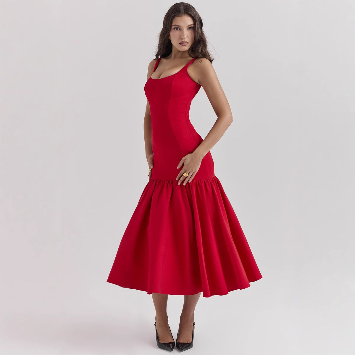 Damen Maxikleid Schwingender Rock Figurbetonter Oberteil Eveloria