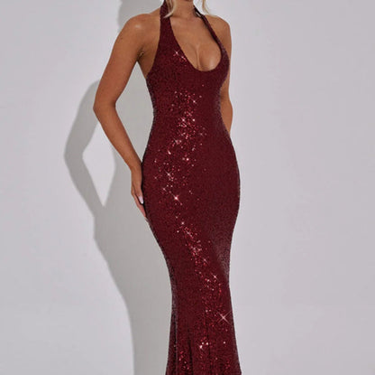 Damen Maxi-Kleid Pailletten V-Ausschnitt schmal Eveloria
