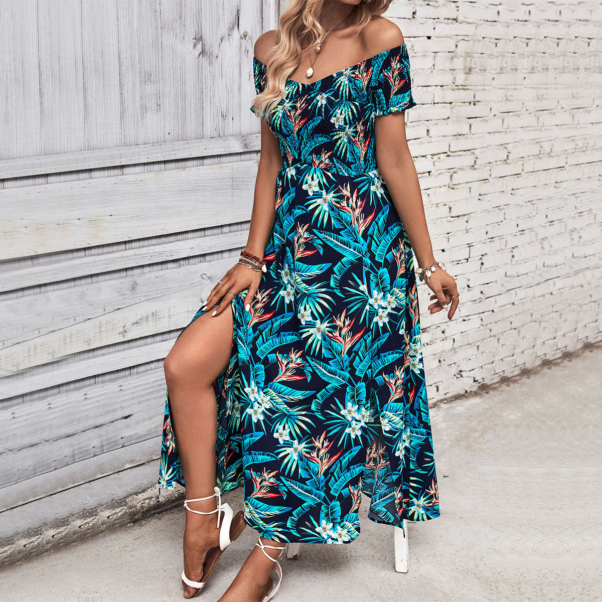 Damen Maxikleid Schulterfrei Floralmuster Luftig Eveloria