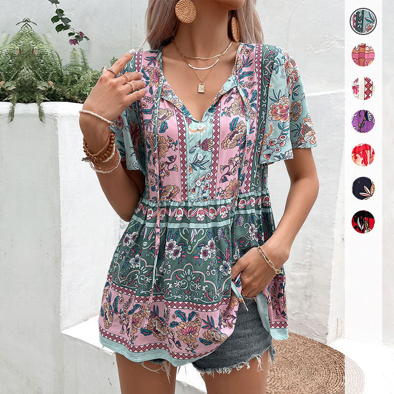 Damen Tunika Boho Floralmuster Luftige Ärmel Eveloria - Eveloria
