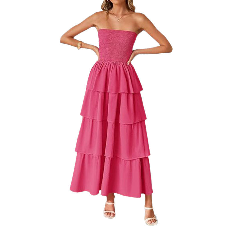 Damen Maxikleid Schulterfrei Voluminöse Rüschenschichten Eveloria