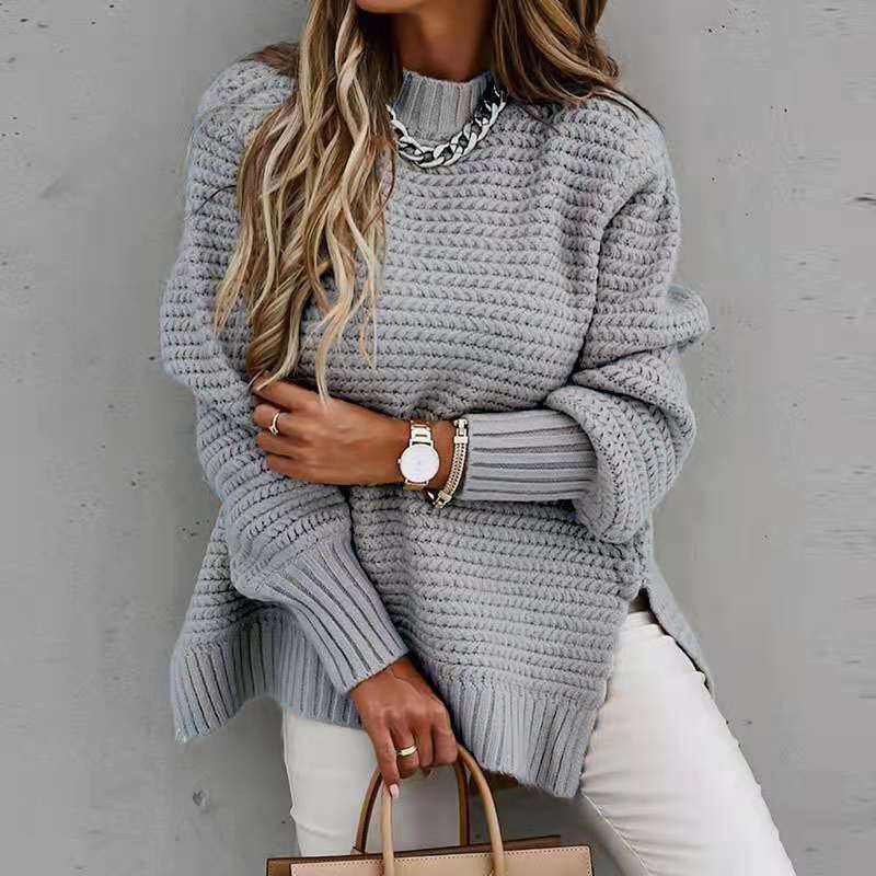 Damen Strickpullover Waffle-Muster Weite Ärmel Beige