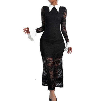 Damen Spitzenkleid Dekorativer Kragen Transparente Ärmel