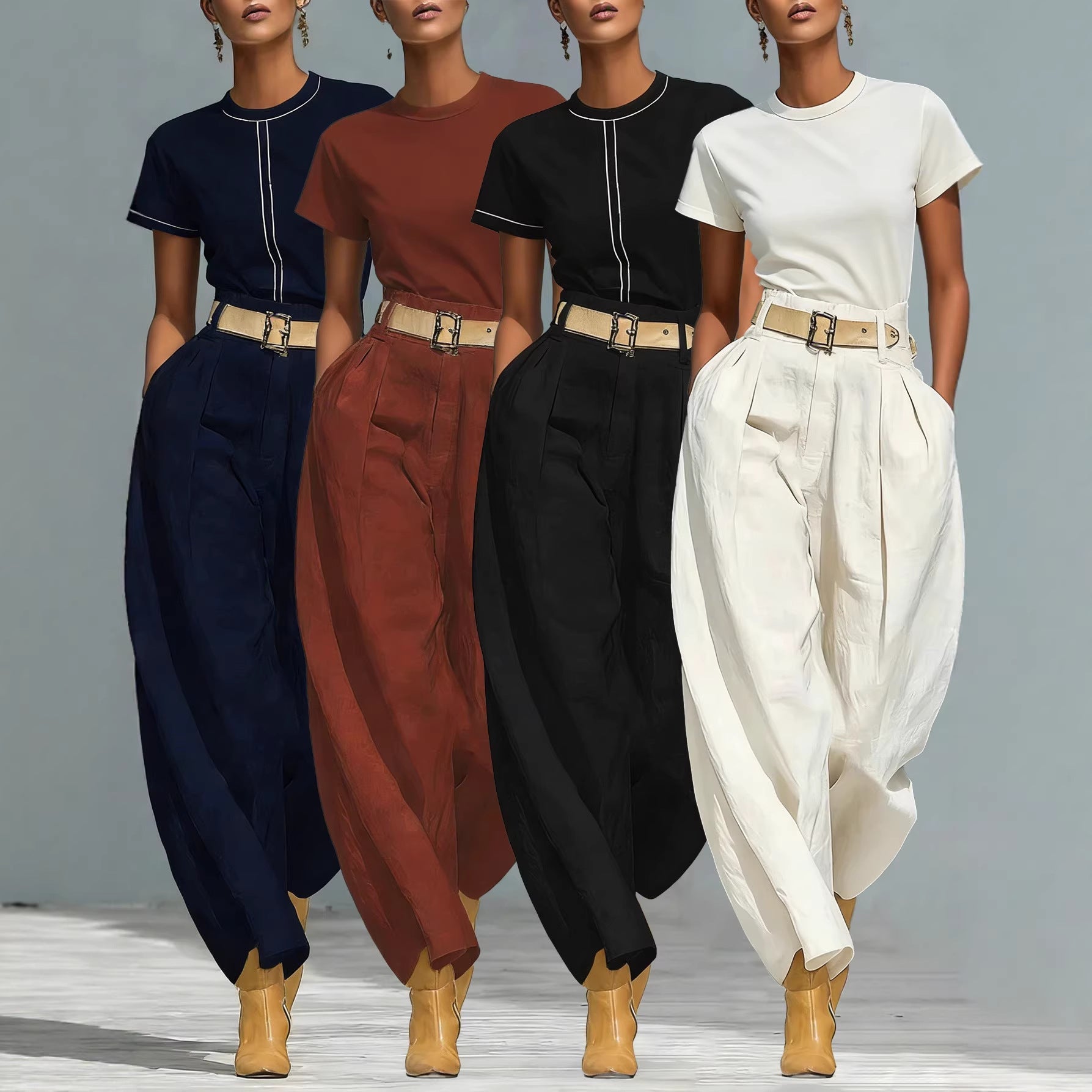 Damen Bundfaltenhose Locker Passform Verstellbarer Gürtel Schwarz - Eveloria