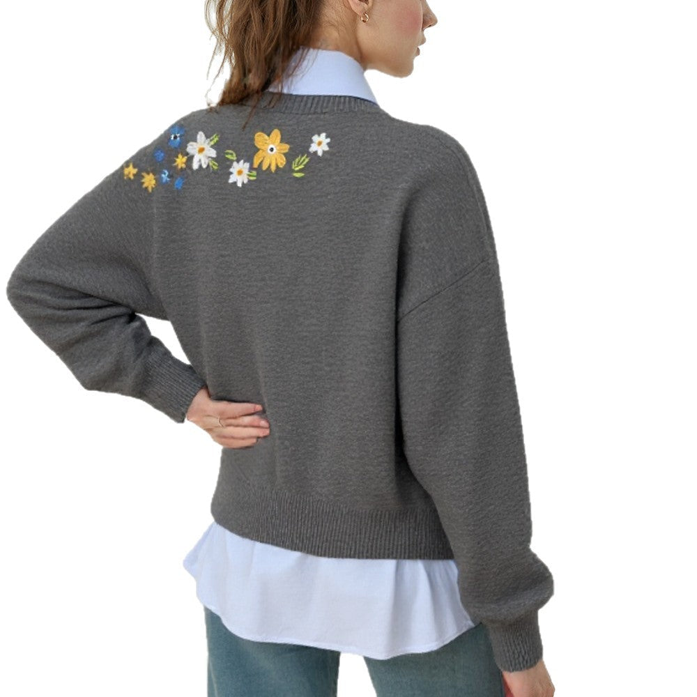 Damen Grobstrickpullover Floral Rückendetail Lockeres Design