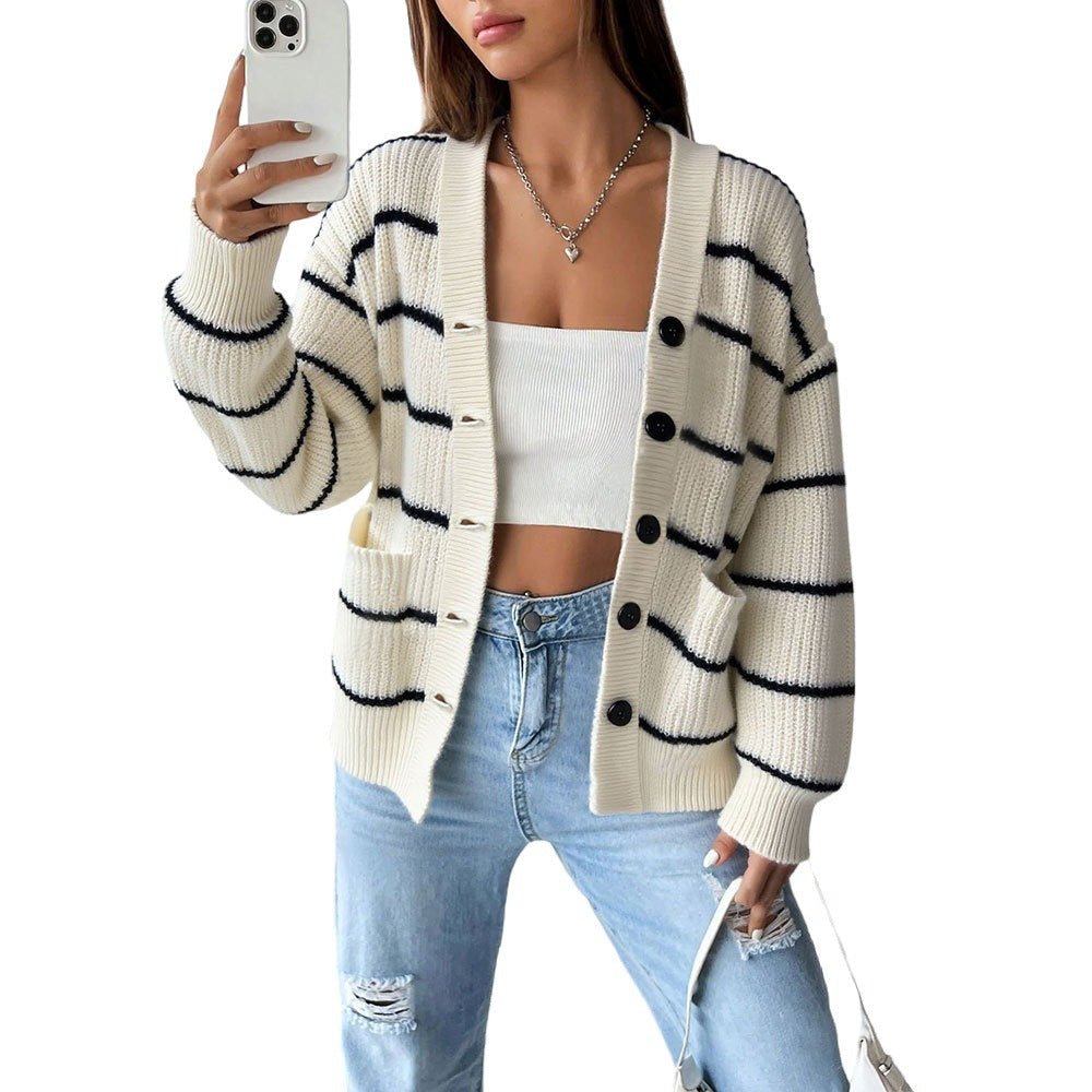 Damen Strickjacke Längsärmelig Klassische Streifen