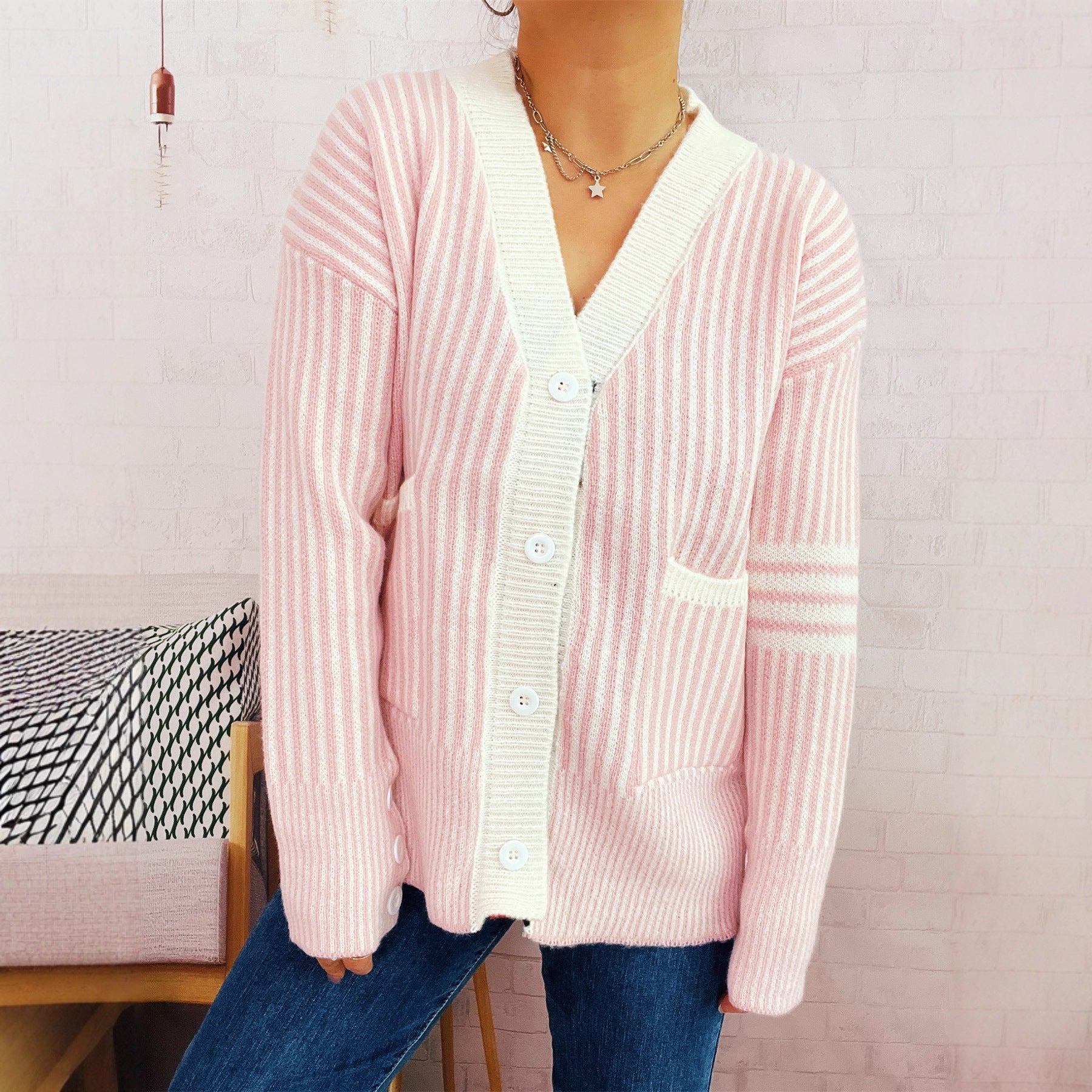 Damen Strickcardigan Gestreift Mit Taschen Knöpfe Beige - Eveloria
