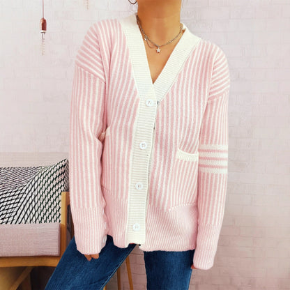 Damen Strickcardigan Gestreift Mit Taschen Knöpfe Beige - Eveloria