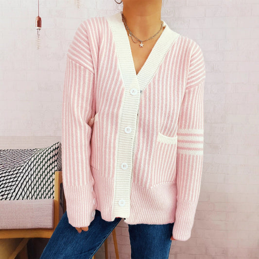 Damen Strickcardigan Gestreift Mit Taschen Knöpfe Beige - Eveloria