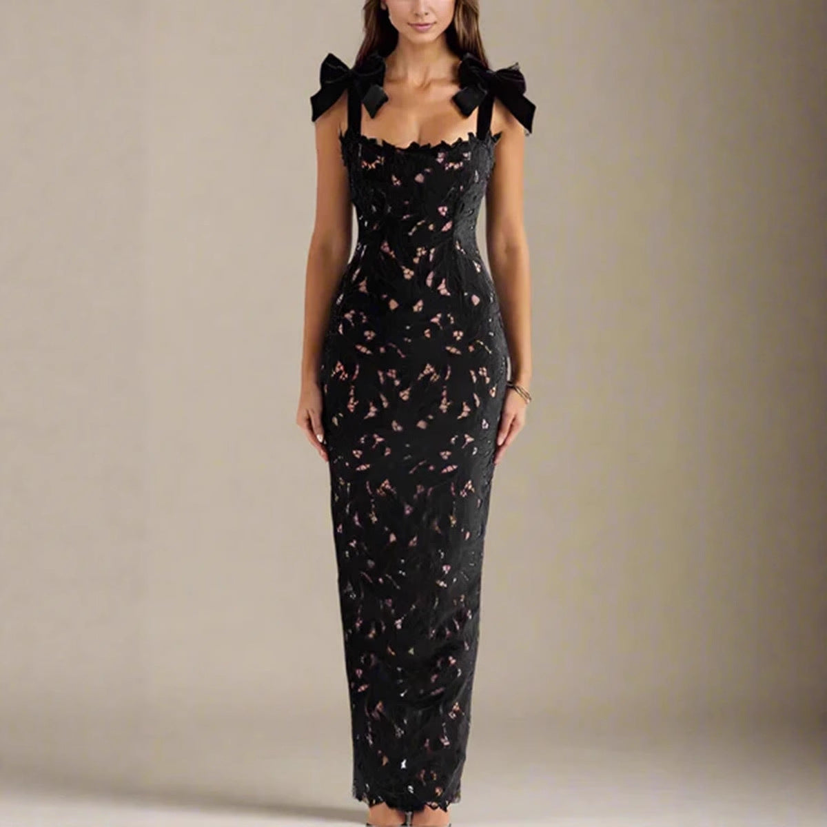 Damen Spitzenkleid Schleifenärmel Elegant Weiß