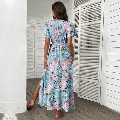 Damen Maxikleid Floralmuster Elegante Wickeloptik