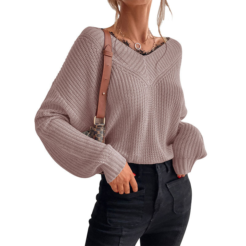Damen Strickpullover V-Ausschnitt Locker Passform Beige
