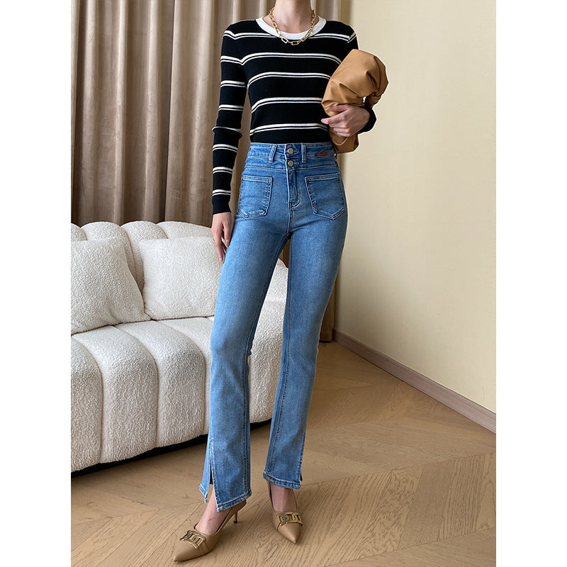 Damen Langarmshirt Streifenmuster Feine Rippstruktur