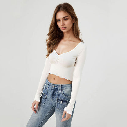 Damen Cropped Langarmshirt Rüschensaum