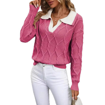 Damen Strickpullover Klassischer Polokragen Rautenmuster