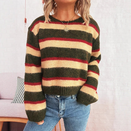 Damen Strickpullover Bunt Streifenmuster Breite Ärmel