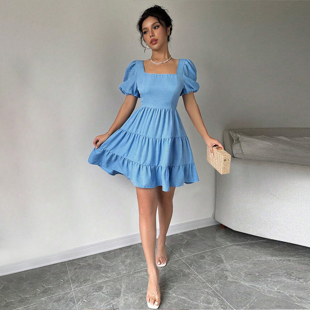 Damen Kleid Puffärmel Gestufter Saum Eveloria