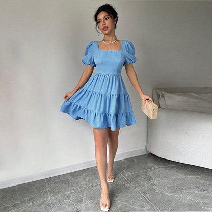 Damen Kleid Puffärmel Gestufter Saum Eveloria