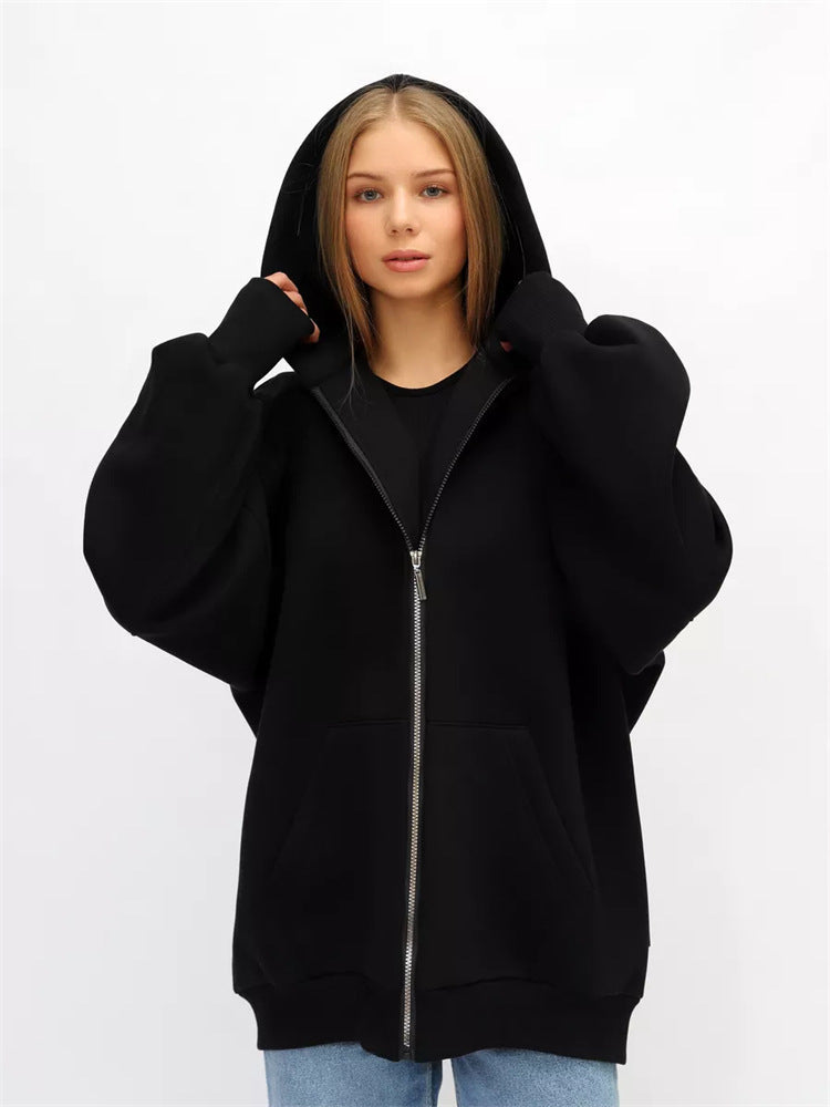 Damen Oversized Kapuzenjacke Hoch Bündchen Reißverschluss Eveloria