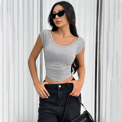 Damen Crop- Raffungen Rundhals Atmungsaktives Material