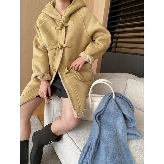 Damen Dufflecoat Strickmaterial Gemütliches Innenfutter Schwarz - Eveloria