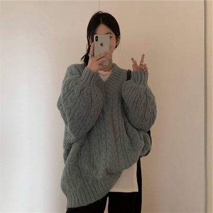 Damen Grobstrickpullover V-Ausschnitt Voluminöse Ärmel Eveloria