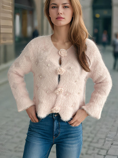Damen Strickjacke Blumenapplikationen Perlenakzente Eveloria