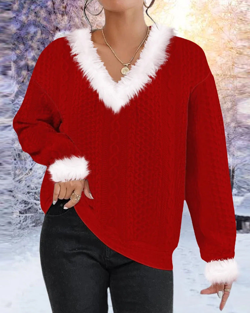Damen Strickpullover V-Ausschnitt Kontrastpelzbesatz Eveloria