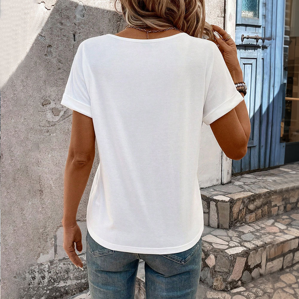 Damen T-Shirt V-Ausschnitt Cut-Out-Details Weiße und Pastellfarben