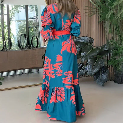 Damen Maxikleid Wickel-Oberteil Puffärmel Elegant