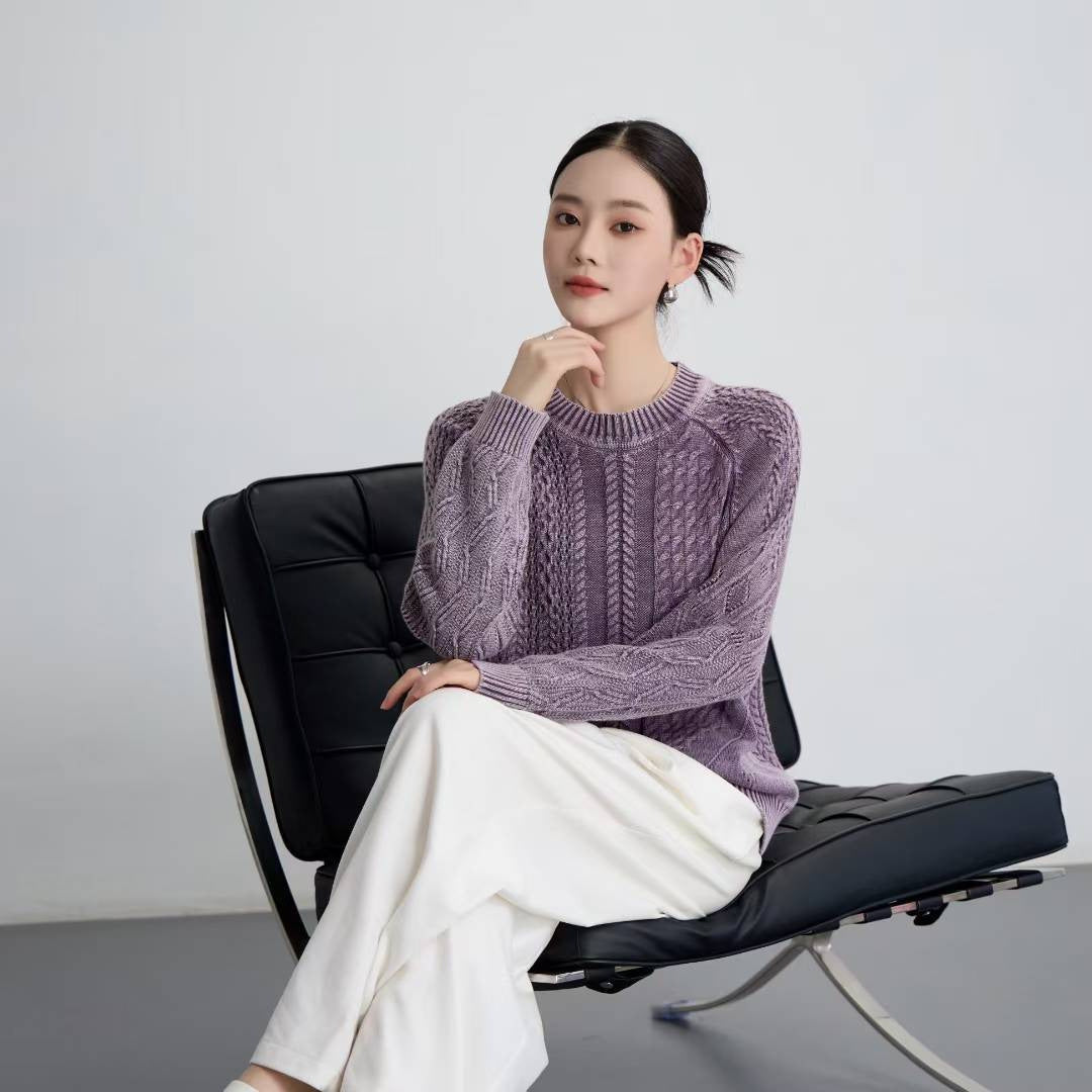 Damen Pullover Strukturiertes Zopf-Design Rundhals Schwarz Eveloria - Eveloria