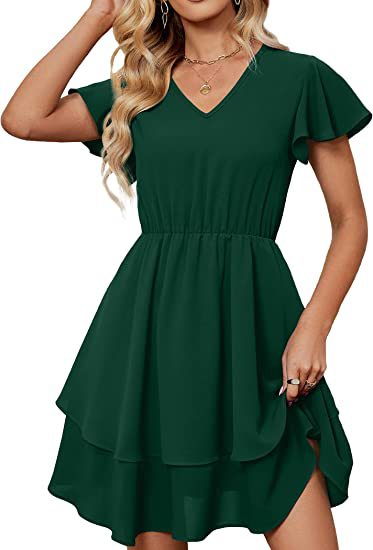 Damen Freizeitkleid Fließender Rock Rüschenärmel Eveloria