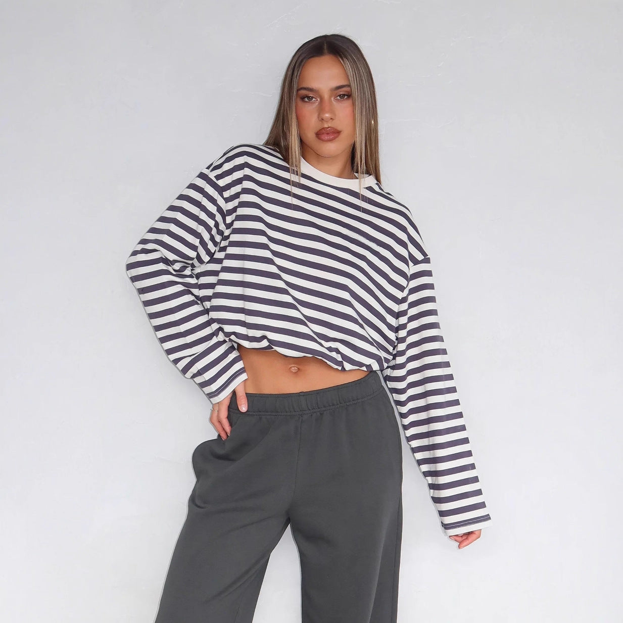 Damen Gestreiftes Crop- mit Kordelzug und Baumwolle Weiß-