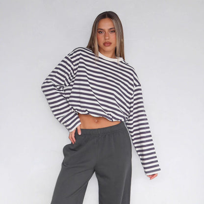 Damen Gestreiftes Crop- mit Kordelzug und Baumwolle Weiß-