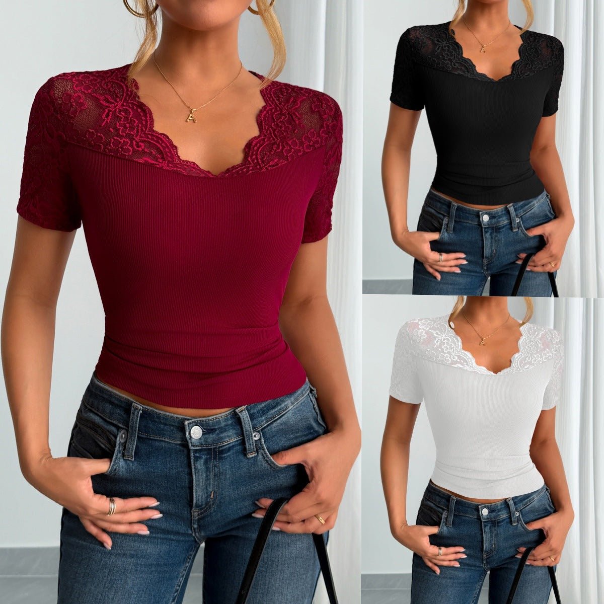 Eveloria Damen Bluse Mit Spitze Kurze Ärmel Spitzen Manschetten Weiß - Eveloria