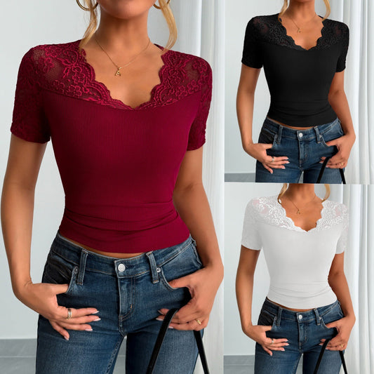 Eveloria Damen Bluse Mit Spitze Kurze Ärmel Spitzen Manschetten Weiß - Eveloria