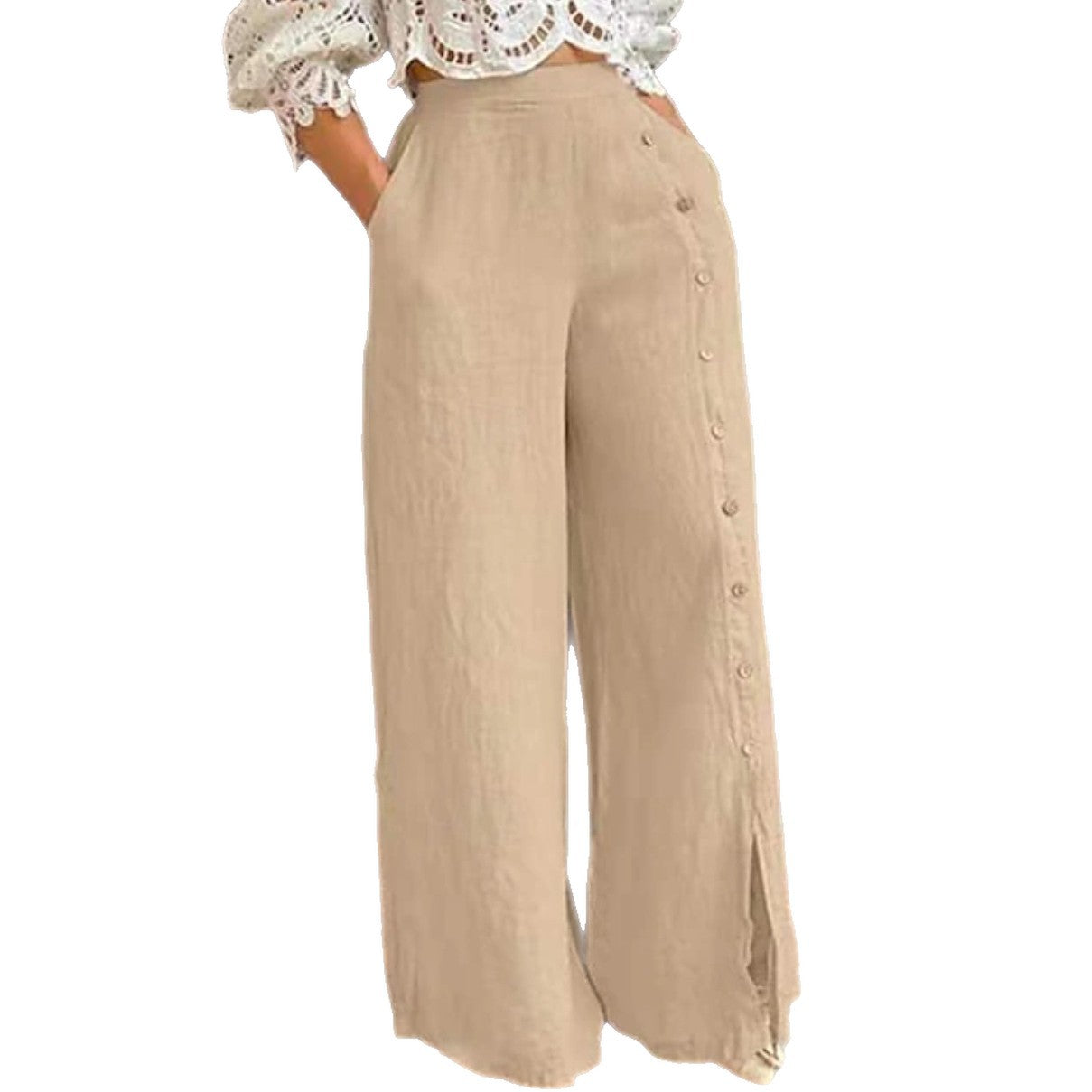 Damen Baumwollhose Weit mit Knöpfen Elegant Beige