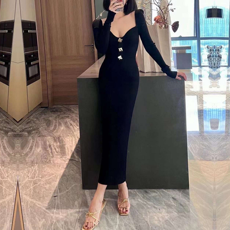 Damen Strickkleid V-Ausschnitt Elegantes Knopfdesign
