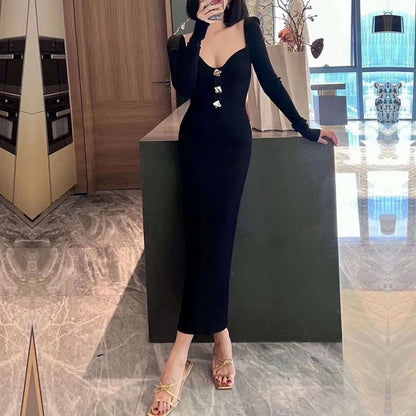 Damen Strickkleid V-Ausschnitt Elegantes Knopfdesign