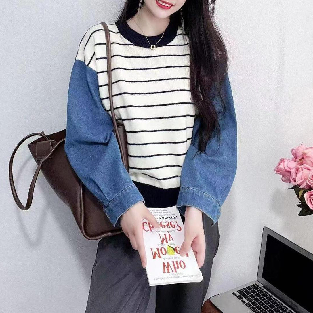 Damen Sweater mit Denim-Ärmeln Blau Eveloria - Eveloria