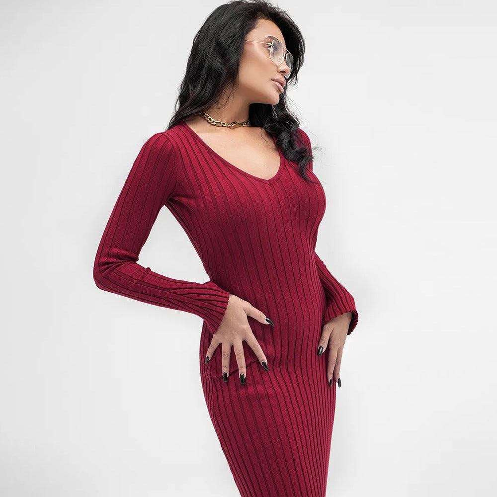 Damen Strickkleid V-Ausschnitt Rippenstruktur Schwarz Eveloria - Eveloria