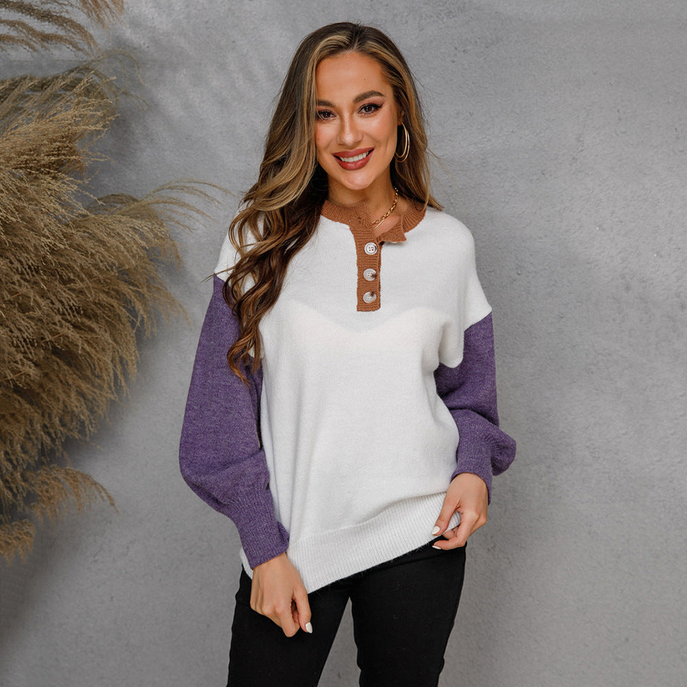 Damen Pullover Lässig Knopfleiste Kontrastärmel Eveloria