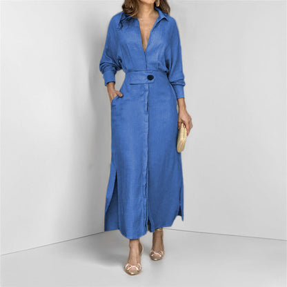 Damen Maxikleid V-Ausschnitt Gürtel Elegantes Eveloria