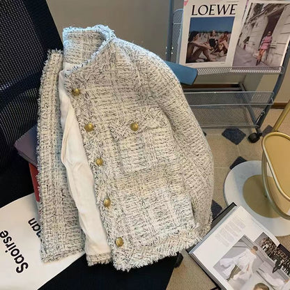 Eveloria Damen Tweedjacke Goldknöpfe Elegant Beige
