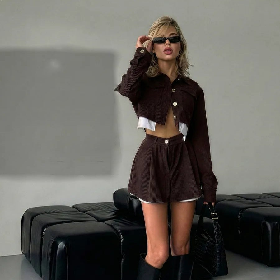 Damen Cord-Anzugset Kurzjacke Ausgestellter Rock - Eveloria