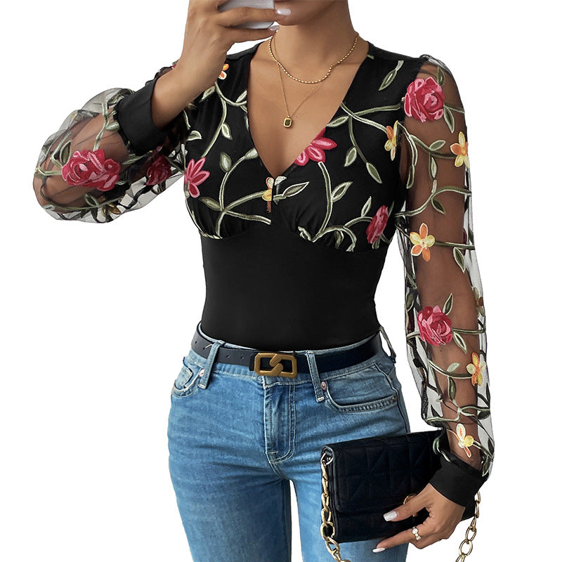 Damen Body mit Puffärmeln und V-Ausschnitt Bestickt Transparent