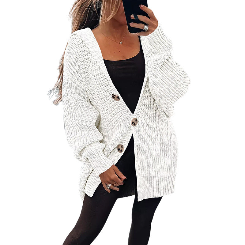 Damen Oversize Strickjacke Grobstrick Weich Holzknöpfe Beige