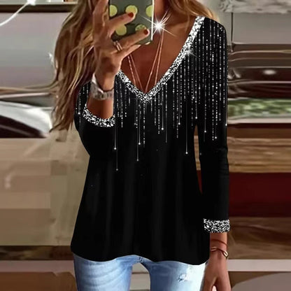 Damen Bluse V-Ausschnitt Glitzernd Langer Ärmel Eveloria