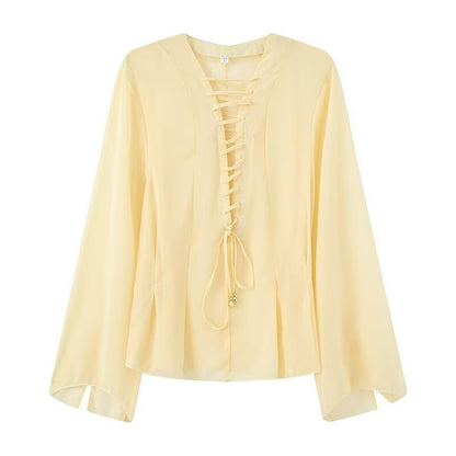 Damen Bluse mit Schnürdetail und weiten Ärmeln Eveloria