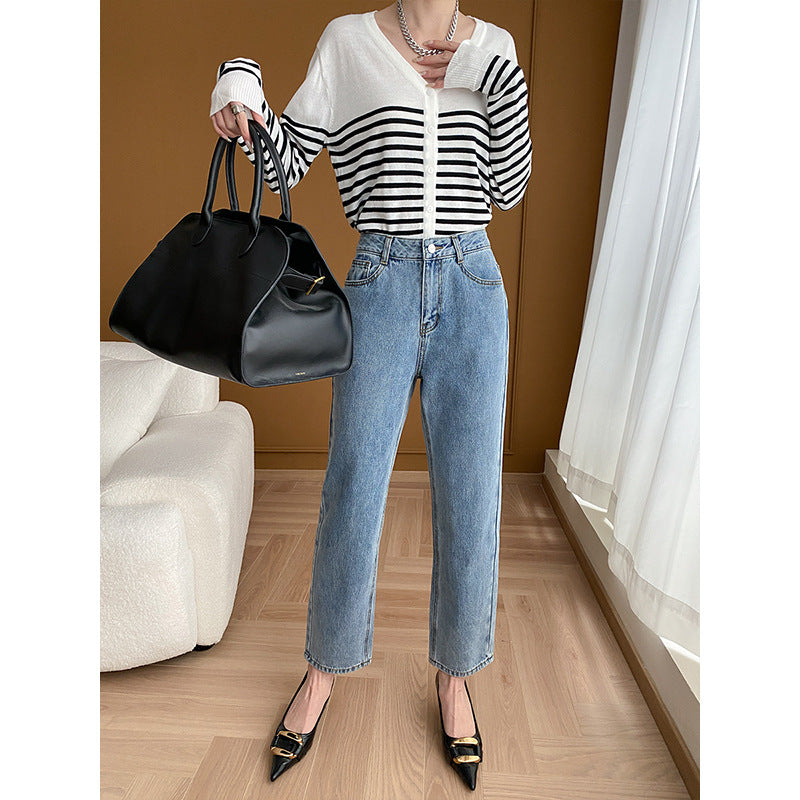 Damen Hochtaillierte Jeans Kurzer Schnitt Eveloria